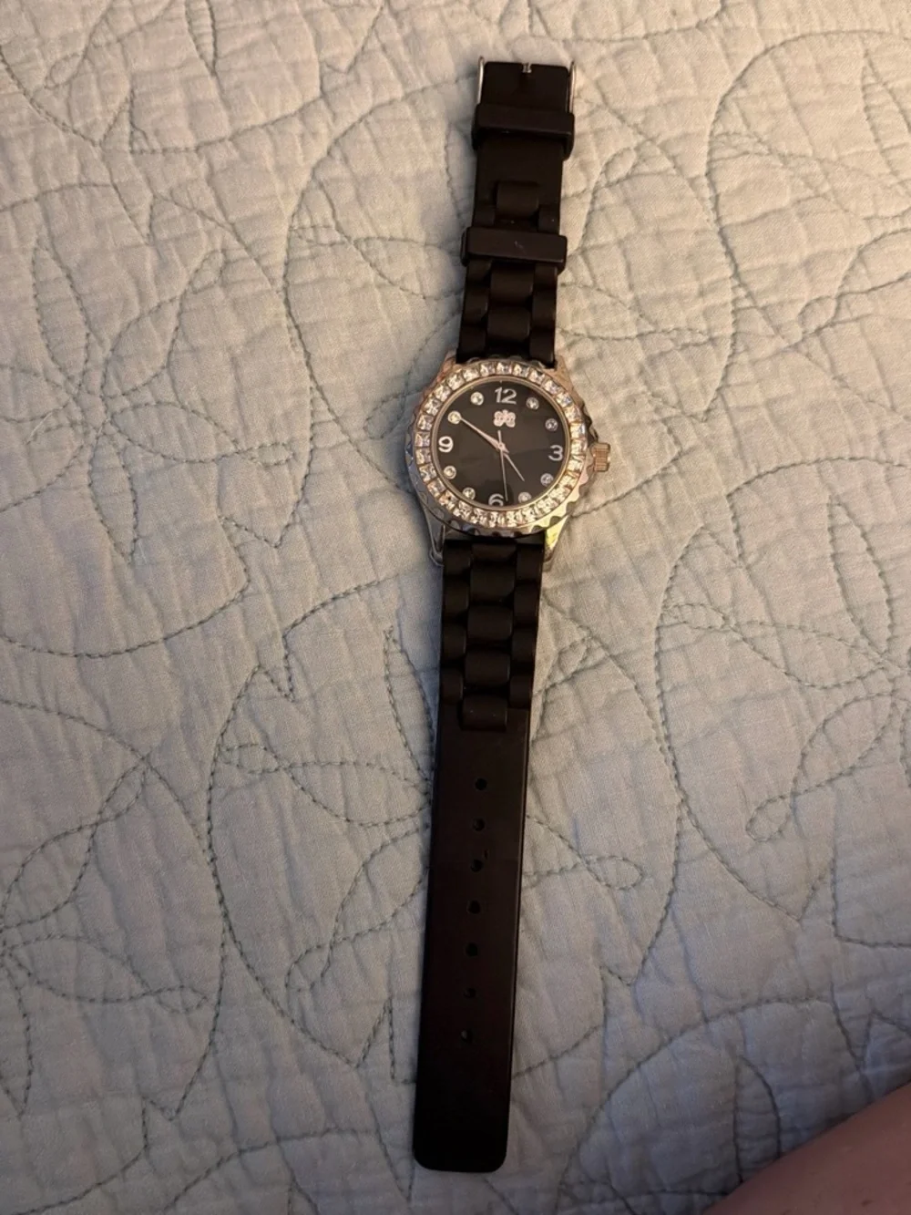 Black Crystal Accent Silicone Strap Watch